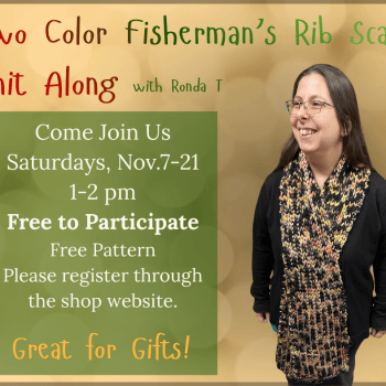 Two-Colored Fishermans' Rib Scarf with Ronda.  Saturdays, Nov. 7 & 21,  1 to 2pm